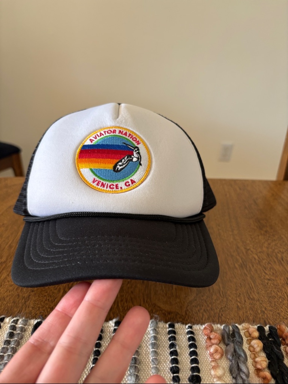 Aviator Nation Men’s Black and White Trucker Hat with Rainbow Patch